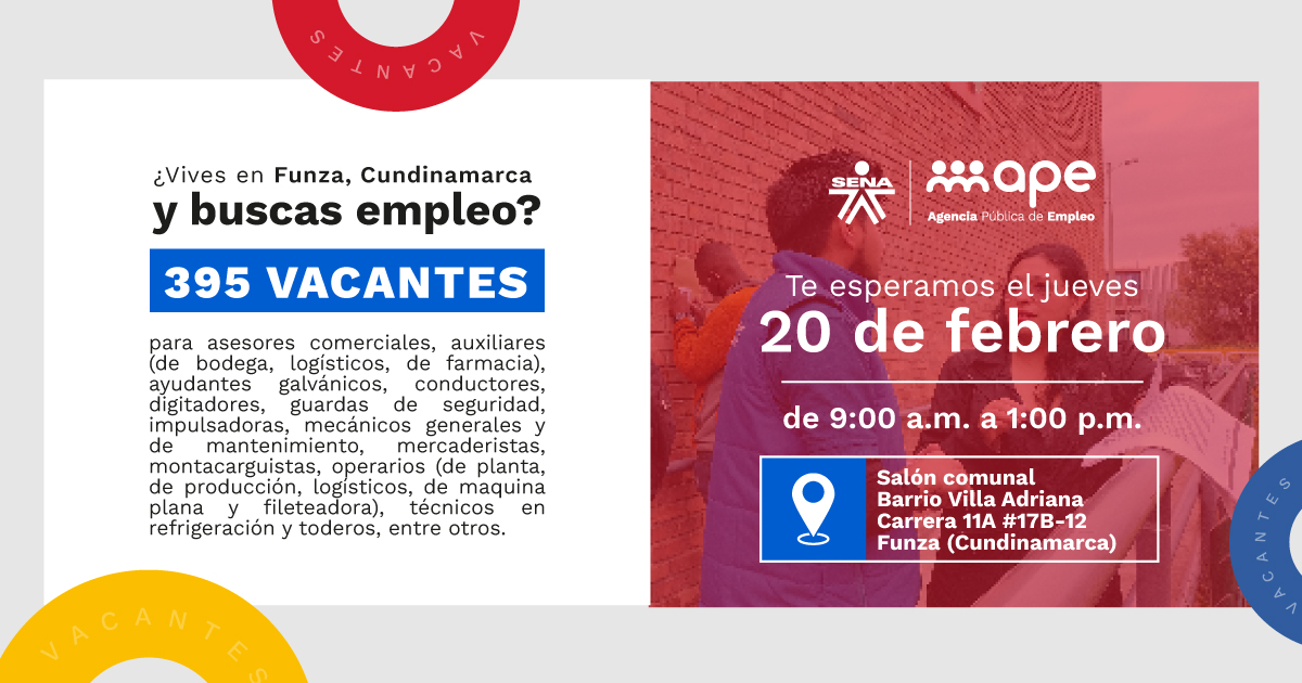 .Vacantes disponibles para cargos operarios, auxiliares, técnicos y tecnólogos que busquen trabajo en Funza, Mosquera y municipi