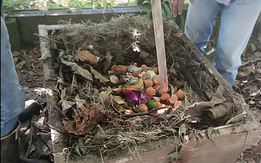 Residuos de la escuela de gastronomía listos para iniciar el proceso de compostaje, paca digestora de un metro cubico.  