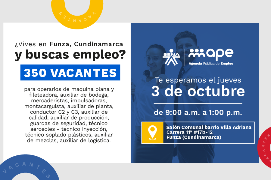 Vacantes disponibles para cargos de operarios, auxiliares, técnicos y tecnólogos en Funza.  